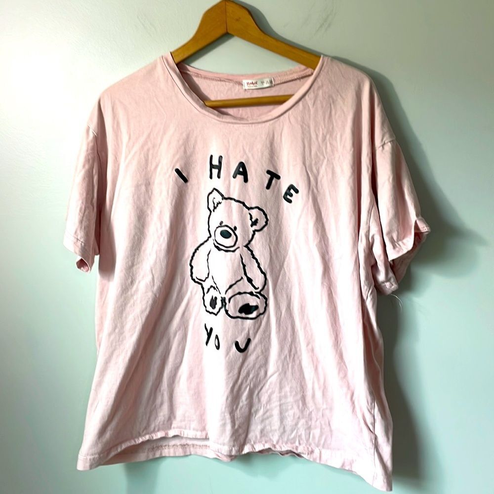 Romwe pink oversized “I hate you” teddy Tee T-shirt Top Shirt. Size Lg (8-10)